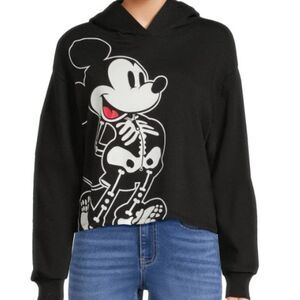 DISNEY Mickey Mouse Skeleton Cropped Hoodie Juniors Size XL Black Sweatshirt NWT